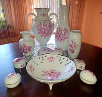 (10 db) Hollóházi porcelán vázák, áttört asztalközép , ékszertartók és bonbon tartó együtt