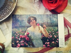 ANTIK képeslap hölgy rózsakertben