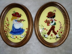 2 Pcs, oval, painted picture on glass, 