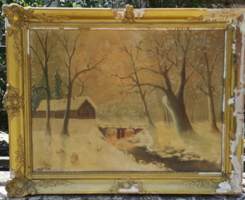 Antik magyar festmény: Téli táj házakkal