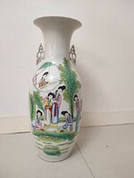 Antique Chinese porcelain large painted multi-person life scene inscription vase broken 668 5648