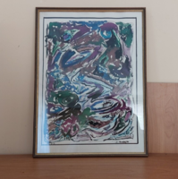 (K) Szignózott absztrakt festmény 44x32 cm kerettel