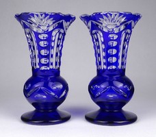 0U443 pair of old blue polished glass pedestal vases 13.5 Cm