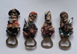 4 piece pirate skull bottle opener and fridge magnet in one collection package