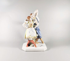 Antique hand-painted porcelain figurines of a dancing folk couple from Herend, flawless! (J085)