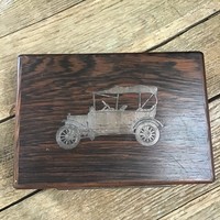Old Danish rosewood gift box with silver car inlay, 1960