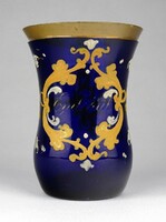 1F764 XIX. századi kézzel festett kobaltkék fújt üveg Biedermeier pohár 11.7 cm