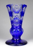 1F645 Régi kék csiszolt talpas kristály váza 16.5 cm