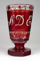 1F772 xix. Century polished crimson stained Biedermeier footed blown glass cure glass 14 cm