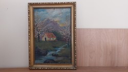 (K) Tájkép kis házikóval festmény 25x35 cm kerettel