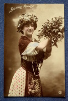 Antique New Year greeting photo postcard lady with wreath of mistletoe