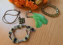Green shades set - magnetite neck+arm with corded neck, bracelet and ears