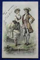 Antik A&M B grafikus üdvözlő  képeslap barokk hölgy és úr  udvarlás