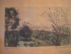 IMRE István  /  1950 -   /  :  Dunai táj    színes rérkarc   25 x 15  cm  és 38 x 28 cm  kerettel