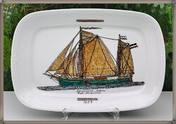 Kézzel festett, régi vitorlás hajó mintás, német Mitterteich porcelán kínáló tál