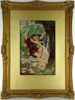 1J643 antique huge loving couple in needle tapestry gilded blondel frame 100cm x 70cm