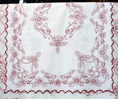 Embroidered red and white folk needlework table cloth centerpiece with bird, mauve flower pattern 108x81cm