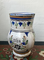 Antique folk 1698 painted, tin-glazed faience, earthenware. Pot jug