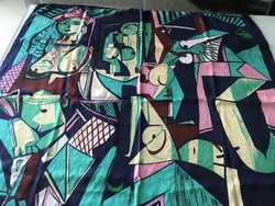 Silk scarf painting with print, 105 x 100 cm