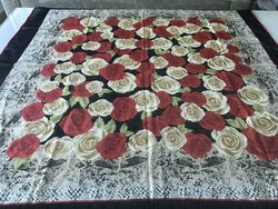 Silk scarf with red and yellow roses with red silk border, 95 x 95 cm