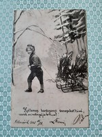 Régi karácsonyi fotó képeslap 1903 kisfiú szánkó levelezőlap