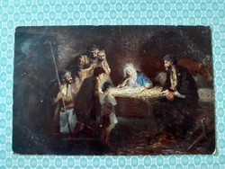 Régi vallási képeslap kis Jézus jászolban művészi levelezőlap