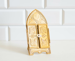 Kis szekrényes Szűz Mária ikon, nyitható-zárható szentkép, kegytárgy,