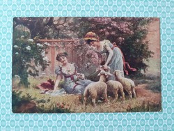 Old postcard spring landscape postcard ladies lambs