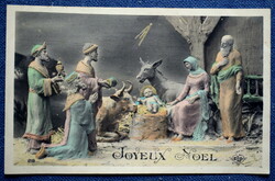 Antik Karácsonyi üdvözlő fotó képeslap Betlehem Szent Család szobor