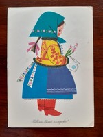 Régi húsvéti képeslap 1972 népviseletes kislány retro rajzos levelezőlap