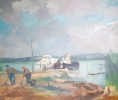Kikötői életkép - szocreál olajfestmény (65×55 cm) - vízparti munkások