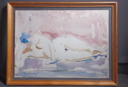 Rácz András(?): Fekvő akt - aquarell festmény (32 × 43cm)