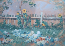 László Neogrády: sunflower garden - oil painting, under glass (34x40 cm)