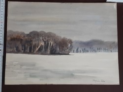 Polgár Ida ( 1919-2013 ): Tél a Tiszán, tájkép, akvarell
