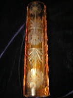 Antik Ólomkristály csiszolt méz borostyán színű váza hibátlan 19.5 cm