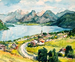Beron Gyula (1885-1971): St. Gilgen - nagy méretű akvarell