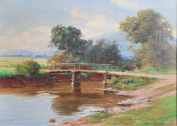 Szontágh Tibor (1873 - 1930): Patakparton (olajfestmény keretben) híd a folyócskán, tájkép