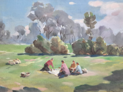 Gebhardt István: Piknik (olajfestmény keretben, 33x43 cm) park, szabadidő, életkép