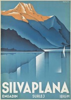 Vintage art deco travel advertising poster reprint print switzerland alps landscape lake mountains sailing ship