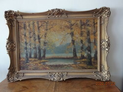 Olaj festmény, tájkép erdő részlet.  korhű eredeti keretben 1930 évek  90X64 cm Vanneki!