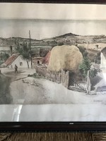Jenő Dudás 1900-1991 colored etching, Tihany peak mountain