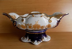 Gilded beautiful white and blue neo-baroque huge pedestal porcelain fruit bowl