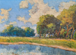 Sunlit waterfront trees - small oil painting, summer, serene landscape - cooper? Unidentified signal