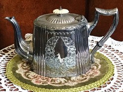 Rare, antique, chiseled pattern, marked, silver-plated, tea or coffee pot, with porcelain inset lid