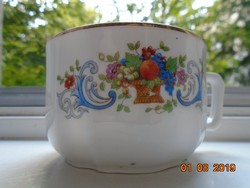 Hollóházi antique Czech deep-embossed numbered teacup with floral and fruit basket pattern