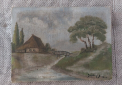 (K) Antik tájkép festmény házikóval, híddal 40x30 cm kerettel