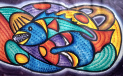 Abstract still life with piranha (32×50 cm)