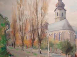 Sándor Szalóky?: Street scene with a church (56x46 cm)