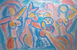 Miklós Cs. Németh: nudist beach (watercolor, cardboard, 53x80 cm)