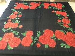 Silk scarf with red roses and red and green rhinestones, 93 x 93 cm